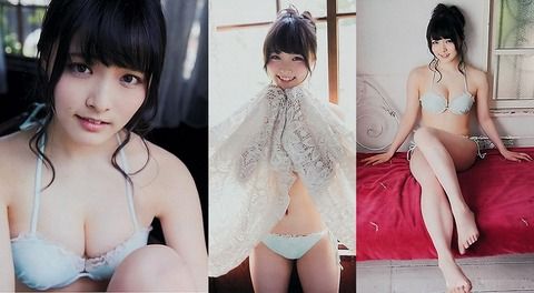 アイドル達のカラフルビキニ水着グラビアでおっぱいの谷間エロ画像