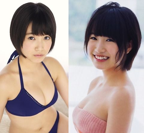 アイドル達のカラフルビキニ水着グラビアでおっぱいの谷間エロ画像