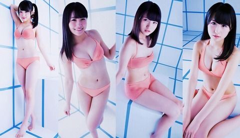アイドル達のカラフルビキニ水着グラビアでおっぱいの谷間エロ画像