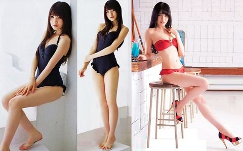 アイドル達のカラフルビキニ水着グラビアでおっぱいの谷間エロ画像